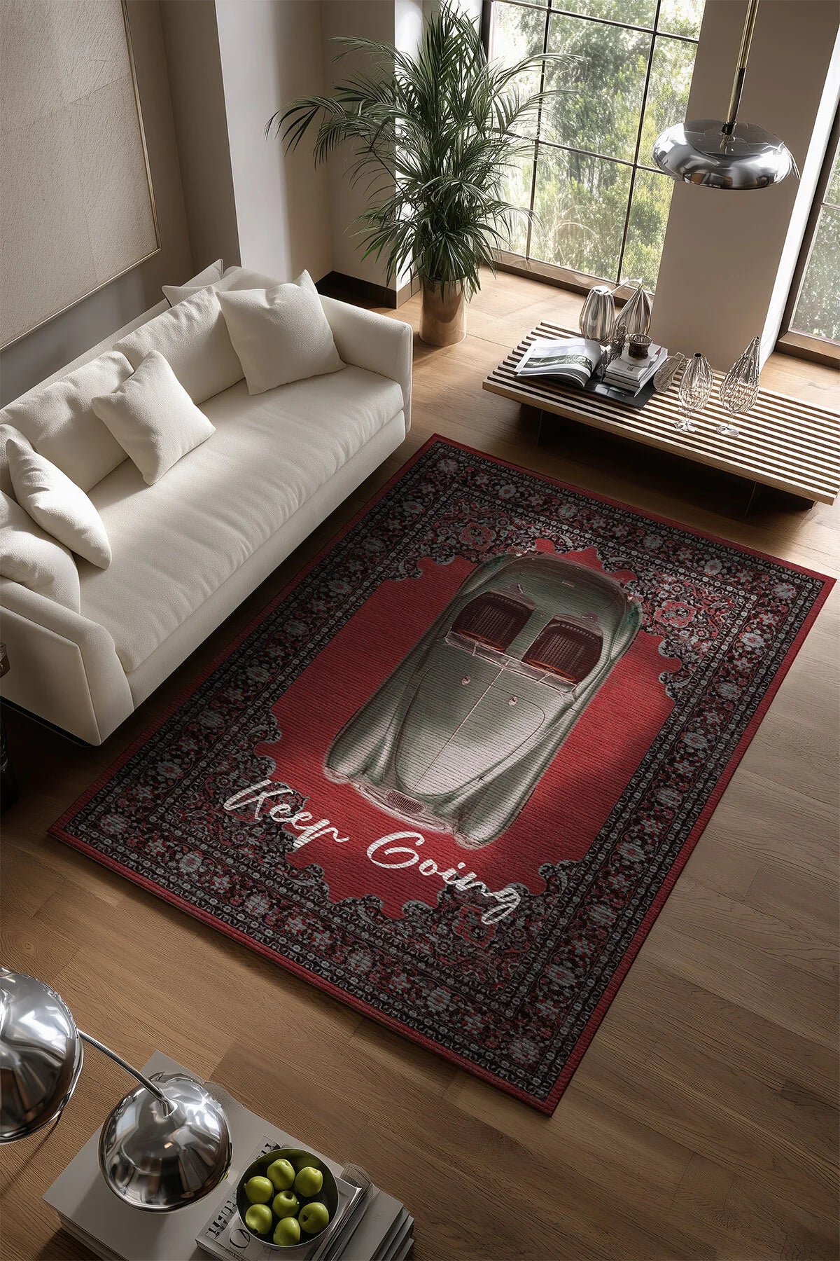 Retro 107 Kırmızı Siyah Vintage Retro Araba Figürlü Keep Going Tasarım Salon Oturma Ev Oda Halısı