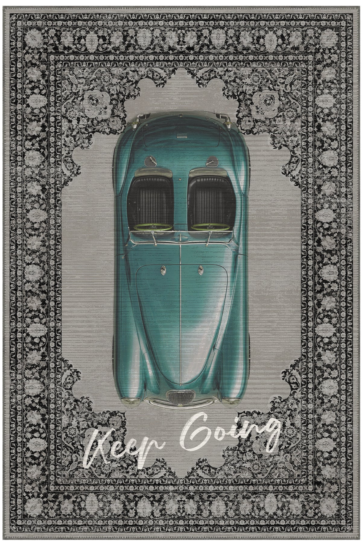 Retro 106 Gri Mavi Vintage Retro Araba Figürlü Keep Going Tasarım Halı Salon Oturma Ev Oda Halısı