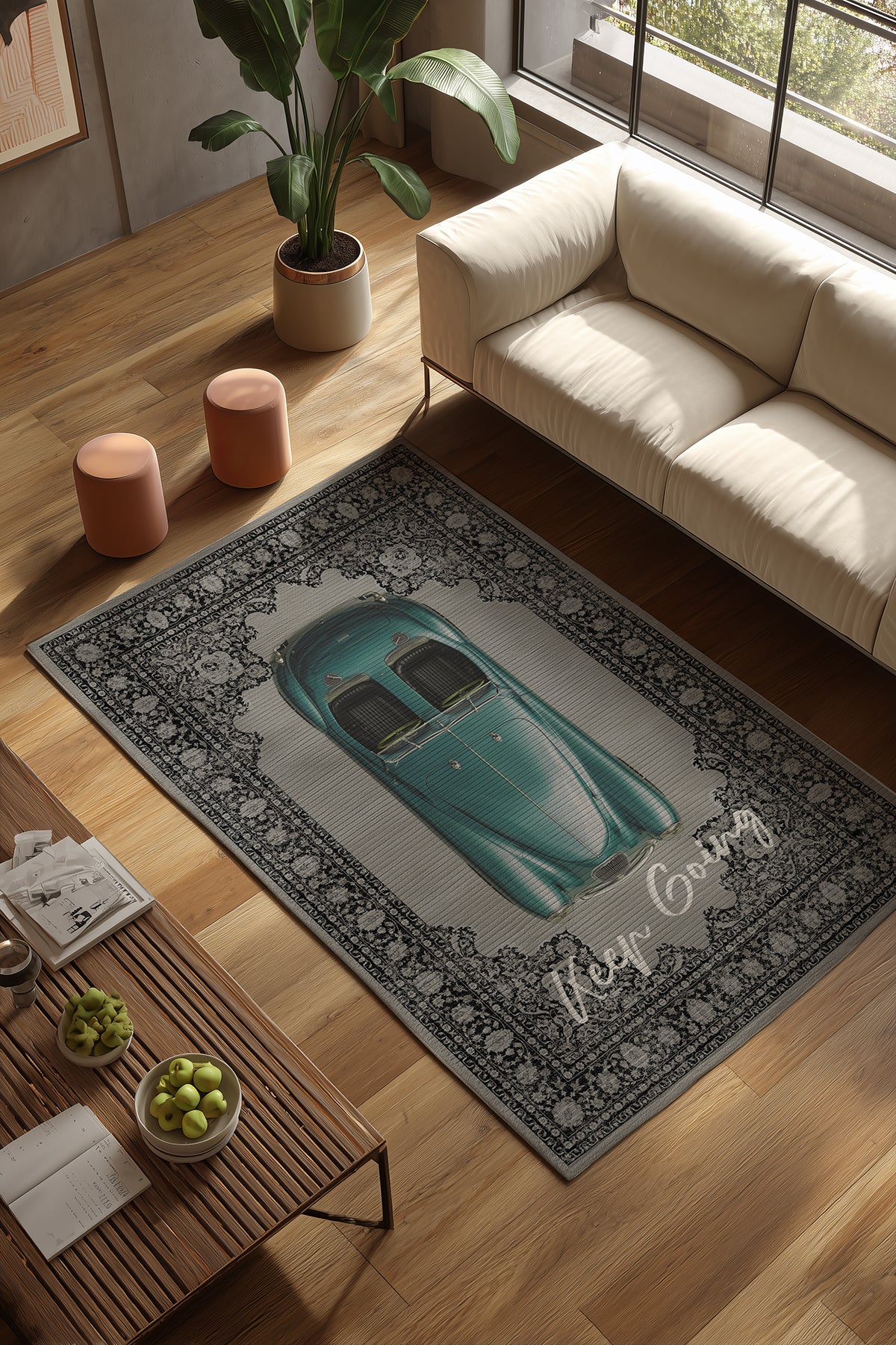 Retro 106 Gri Mavi Vintage Retro Araba Figürlü Keep Going Tasarım Halı Salon Oturma Ev Oda Halısı