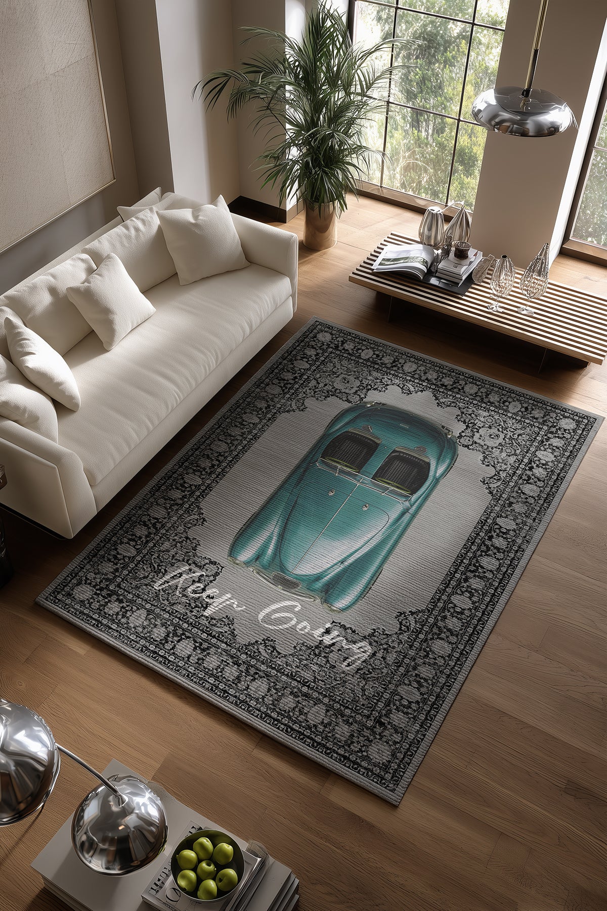 Retro 106 Gri Mavi Vintage Retro Araba Figürlü Keep Going Tasarım Halı Salon Oturma Ev Oda Halısı