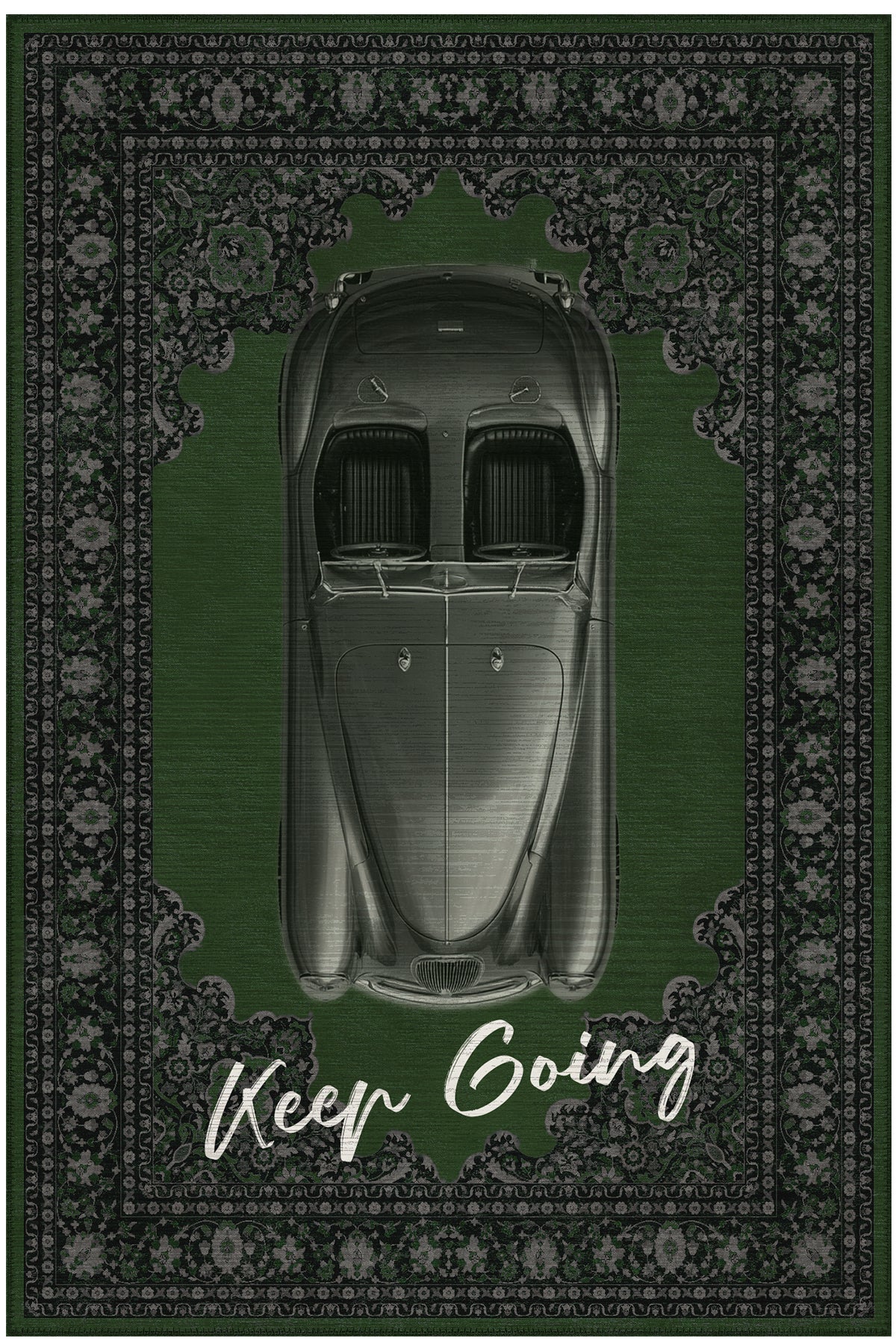 Retro 105 Yeşil Vintage Retro Araba Figürlü Makinede Yıkanabilir Halı Salon Oturma Ev Oda Halısı