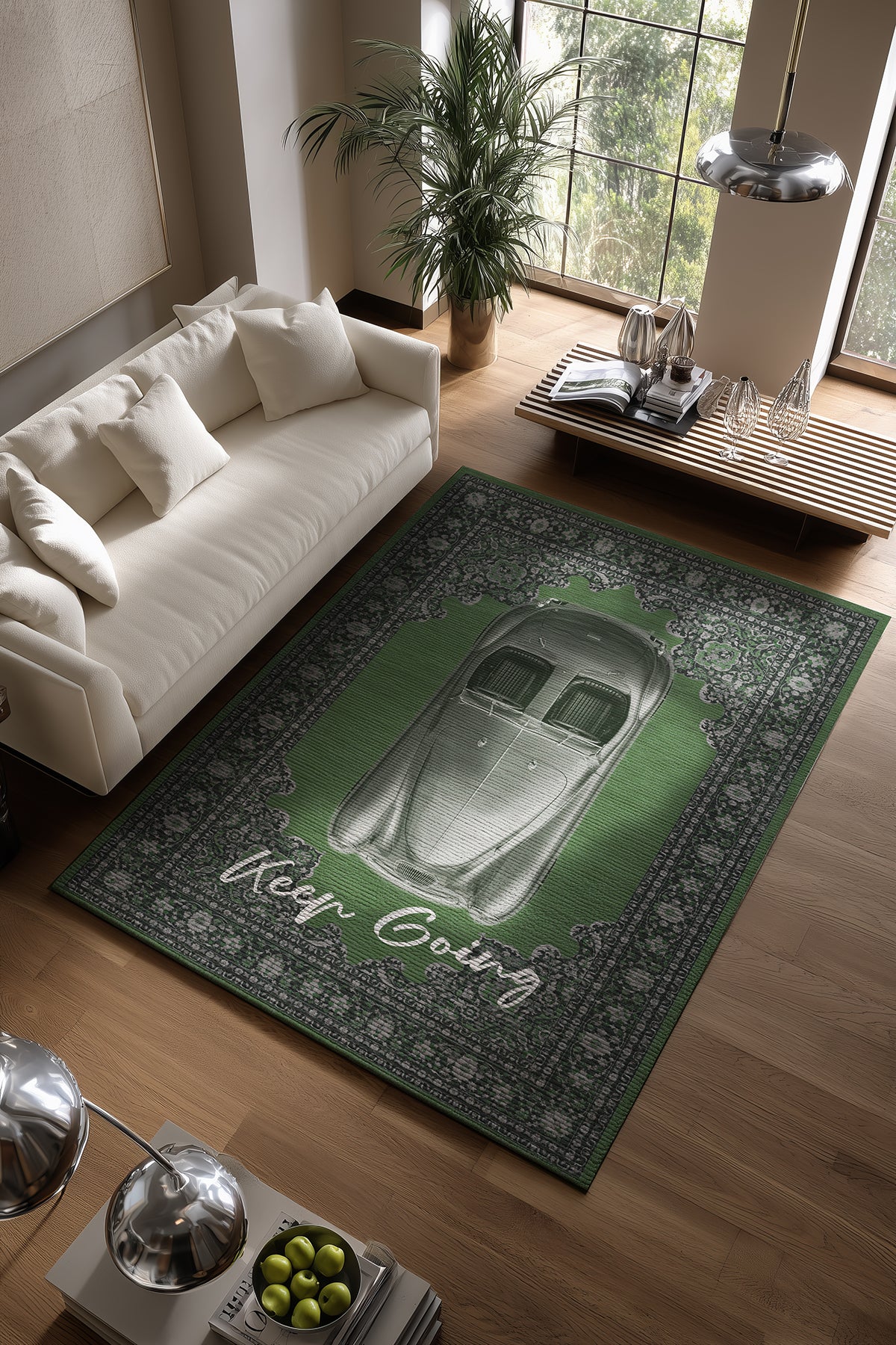 Retro 105 Yeşil Vintage Retro Araba Figürlü Makinede Yıkanabilir Halı Salon Oturma Ev Oda Halısı