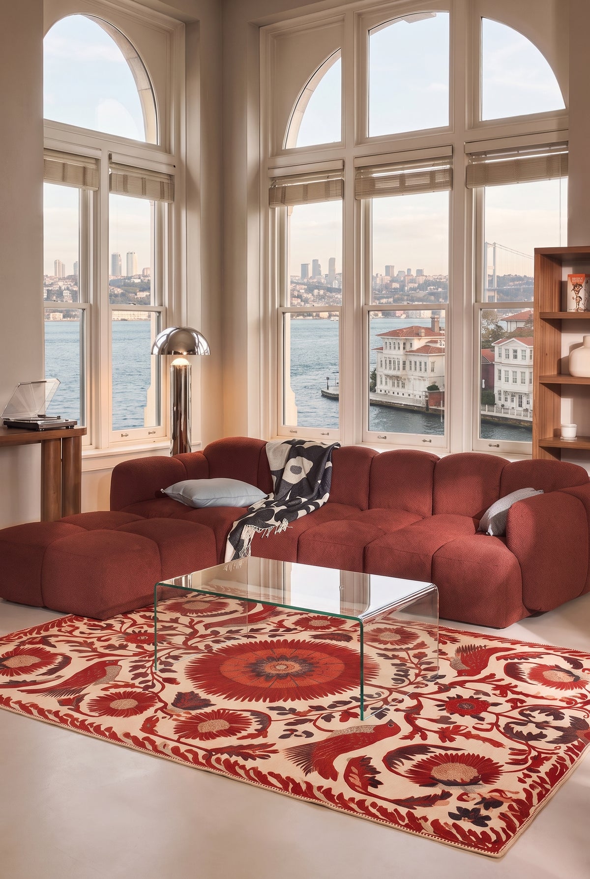 Kırmızı Krem Kuş ve Çiçek Desenli Dikdörtgen Halı Bohem Dekoratif Salon Halısı