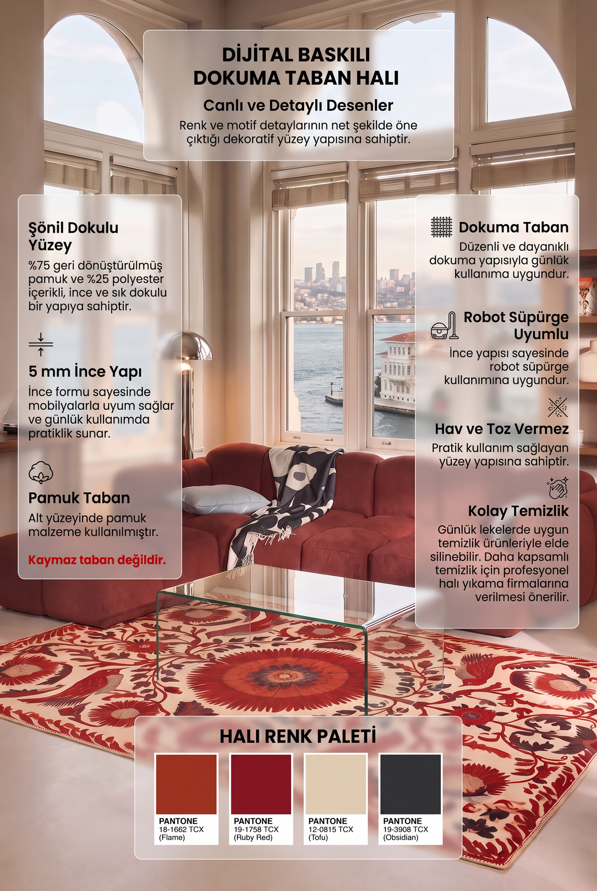 Kırmızı Krem Kuş ve Çiçek Desenli Dikdörtgen Halı Bohem Dekoratif Salon Halısı