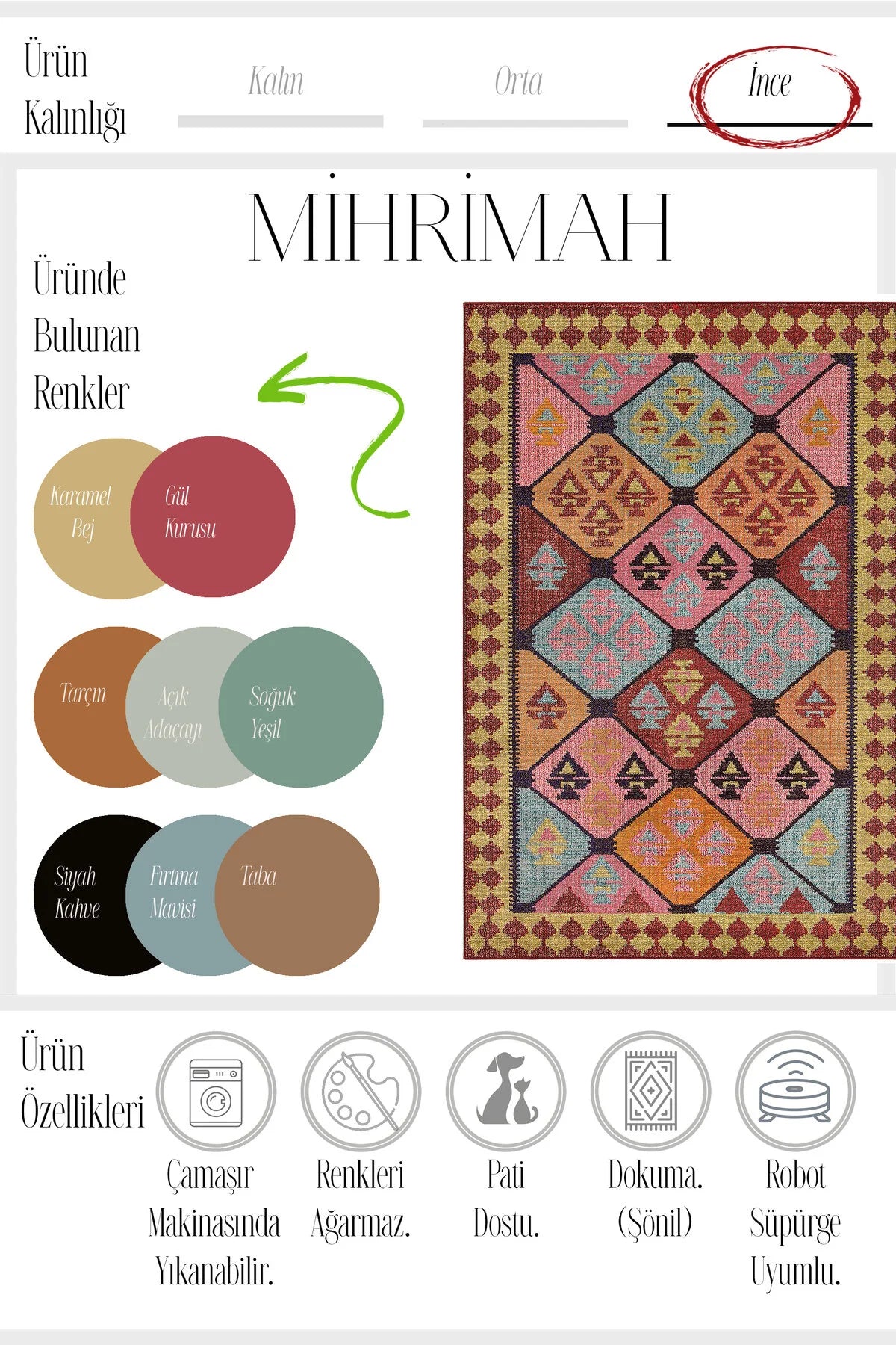 Mihrimah 503 Pembe Turuncu Etnik Halı Vintage Halı Yıkanabilir İnce Dokuma Salon Oturma Odası Halısı