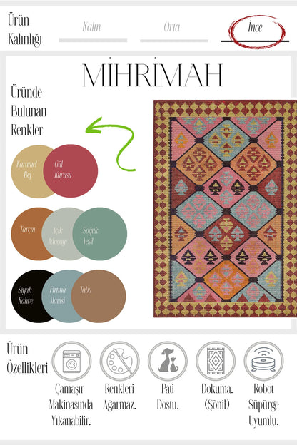 Mihrimah 502 Pembe Turuncu Etnik Halı Vintage Halı Yıkanabilir İnce Dokuma Salon Oturma Odası Halısı