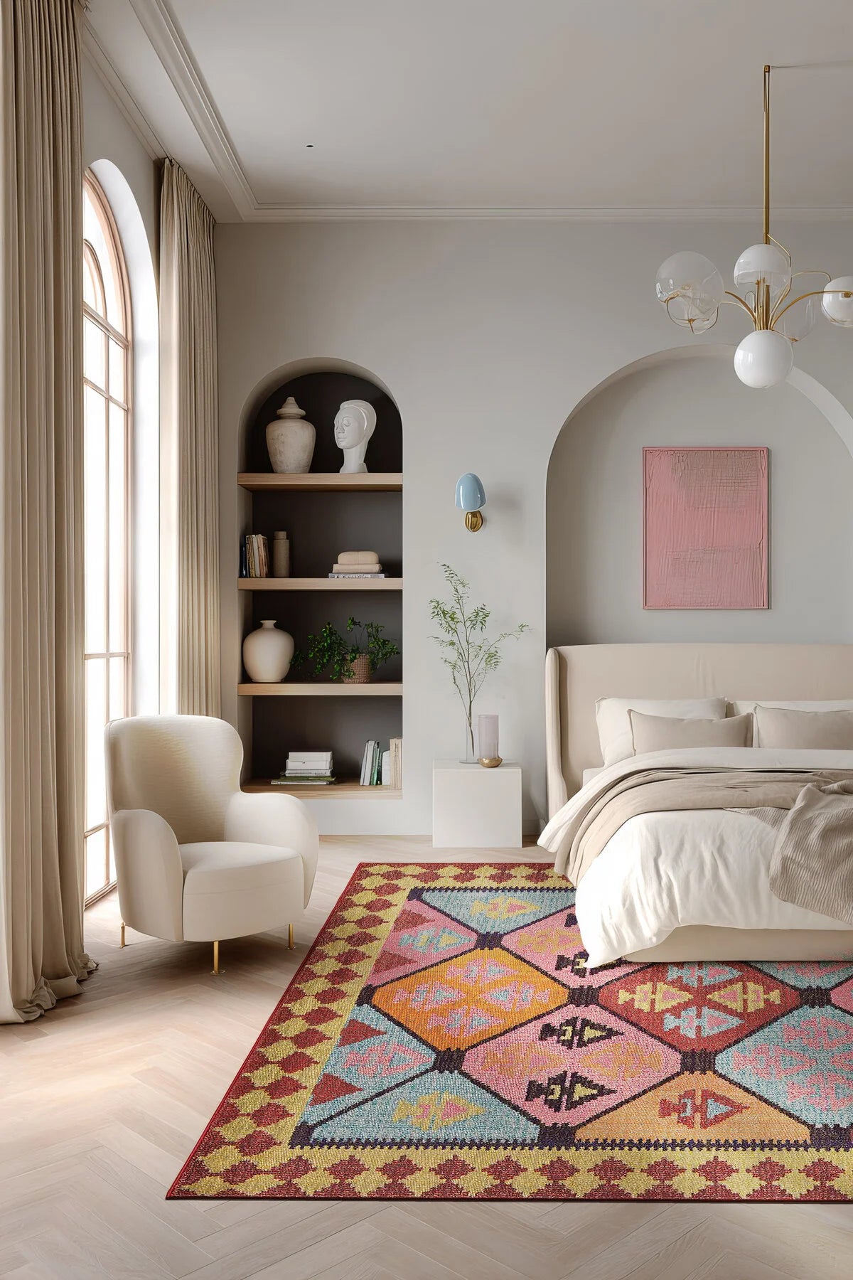 Mihrimah 503 Pembe Turuncu Etnik Halı Vintage Halı Yıkanabilir İnce Dokuma Salon Oturma Odası Halısı