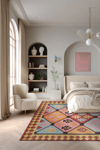 Mihrimah 502 Pembe Turuncu Etnik Halı Vintage Halı Yıkanabilir İnce Dokuma Salon Oturma Odası Halısı