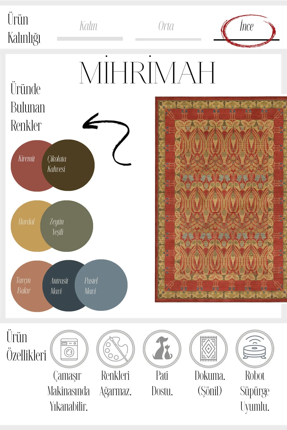 Mihrimah 500 Kırmızı Etnik Halı Vintage Halı Yıkanabilir İnce Dokuma Salon Ev Oturma Odası Halısı