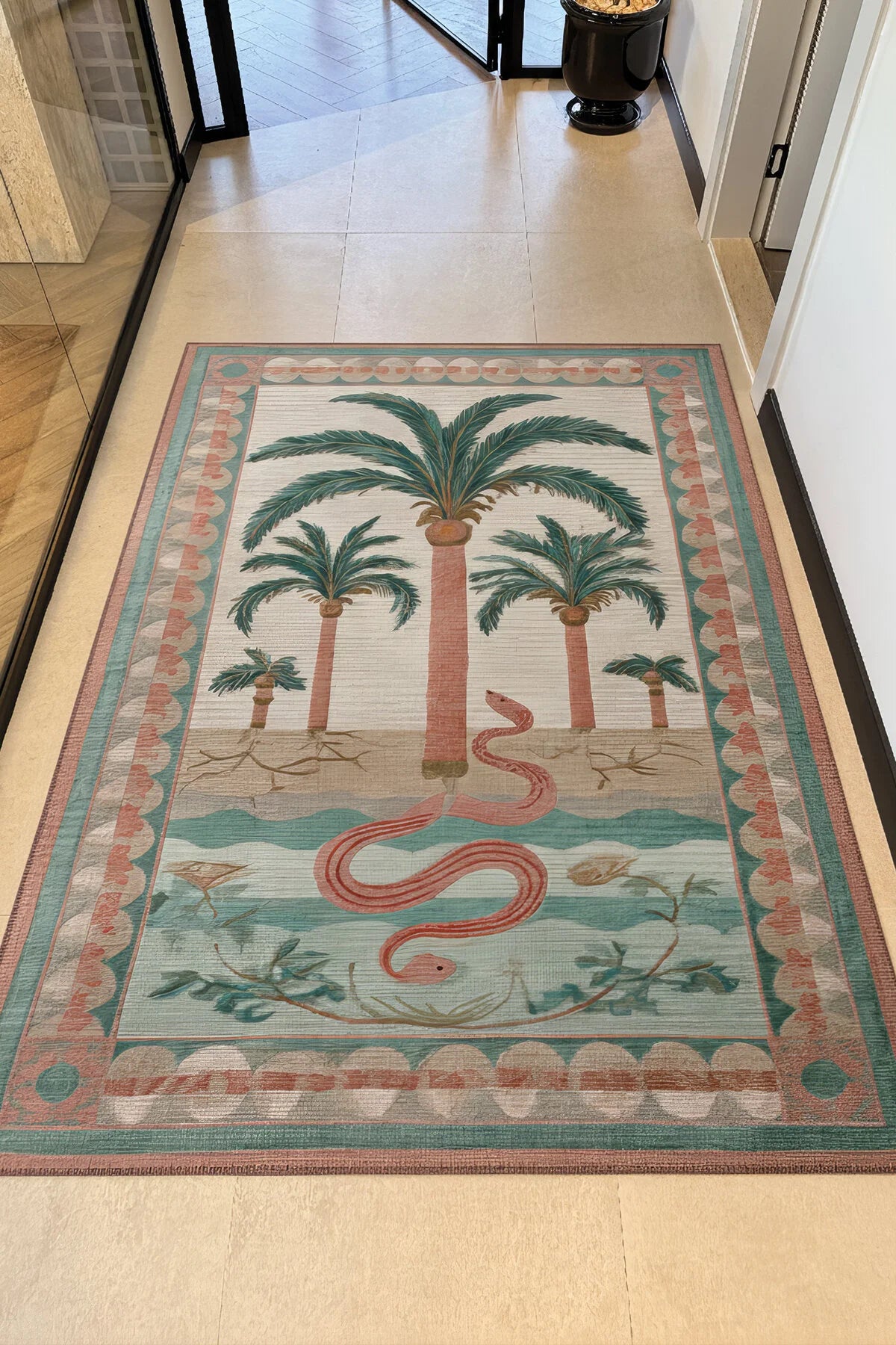 Palm 303 Yeşil Pembe Çok Renkli Halı Palmiyeli Makinada Yıkanabilir Modern Salon Oturma Odası Halısı