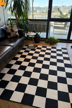 Odessa 501 Damalı Halı Siyah Krem Yıkanabilir Dokuma Taban İnce Halı Oturma Odası Salon Halısı