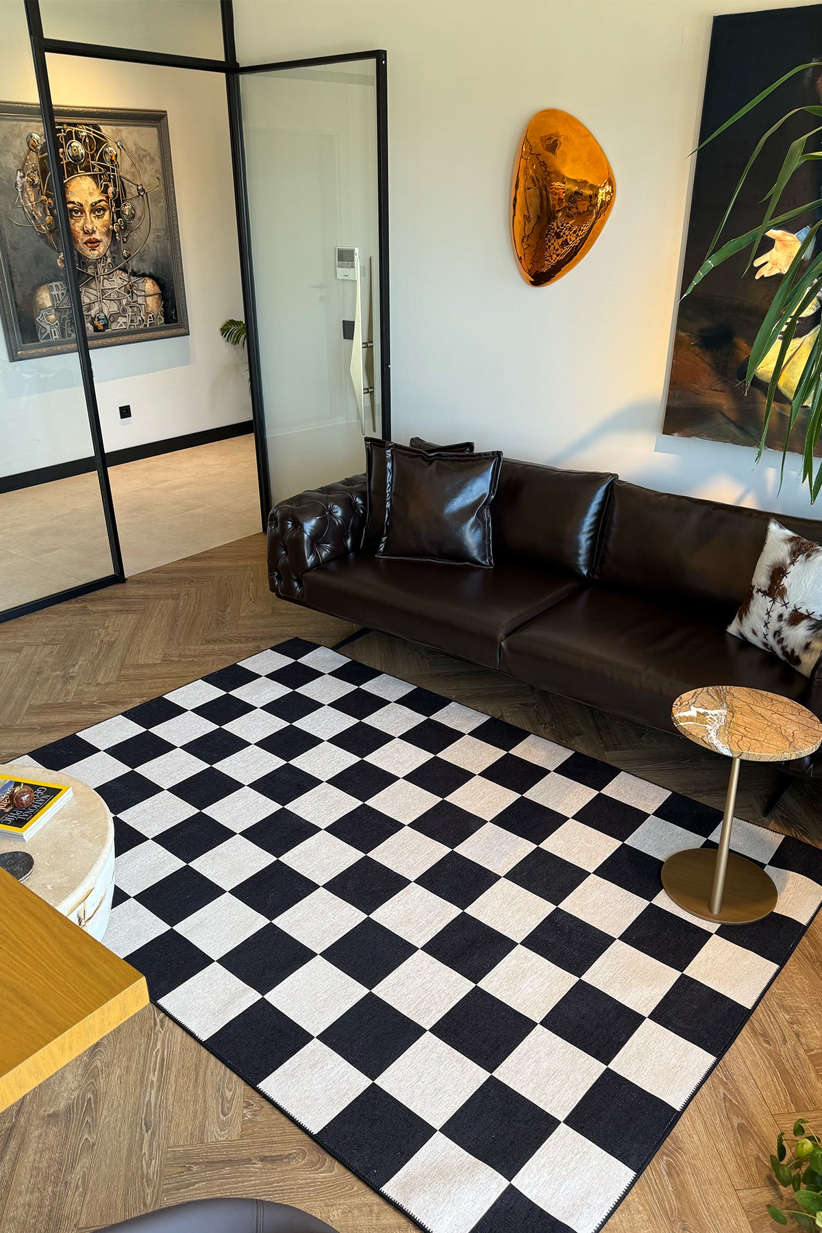 Odessa 501 Damalı Halı Siyah Krem Yıkanabilir Dokuma Taban İnce Halı Oturma Odası Salon Halısı