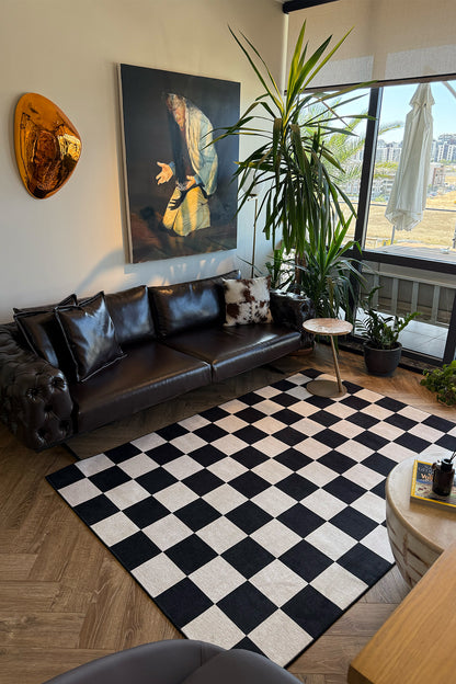 Odessa 501 Damalı Halı Siyah Krem Yıkanabilir Dokuma Taban İnce Halı Oturma Odası Salon Halısı