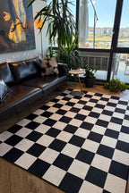 Odessa 501 Damalı Halı Siyah Krem Yıkanabilir Dokuma Taban İnce Halı Oturma Odası Salon Halısı