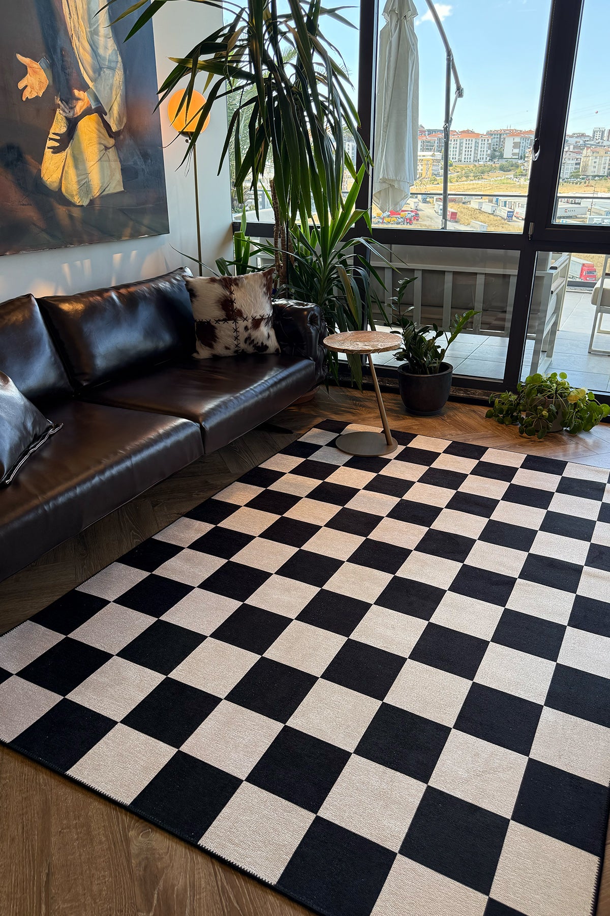 Odessa 501 Damalı Halı Siyah Krem Yıkanabilir Dokuma Taban İnce Halı Oturma Odası Salon Halısı