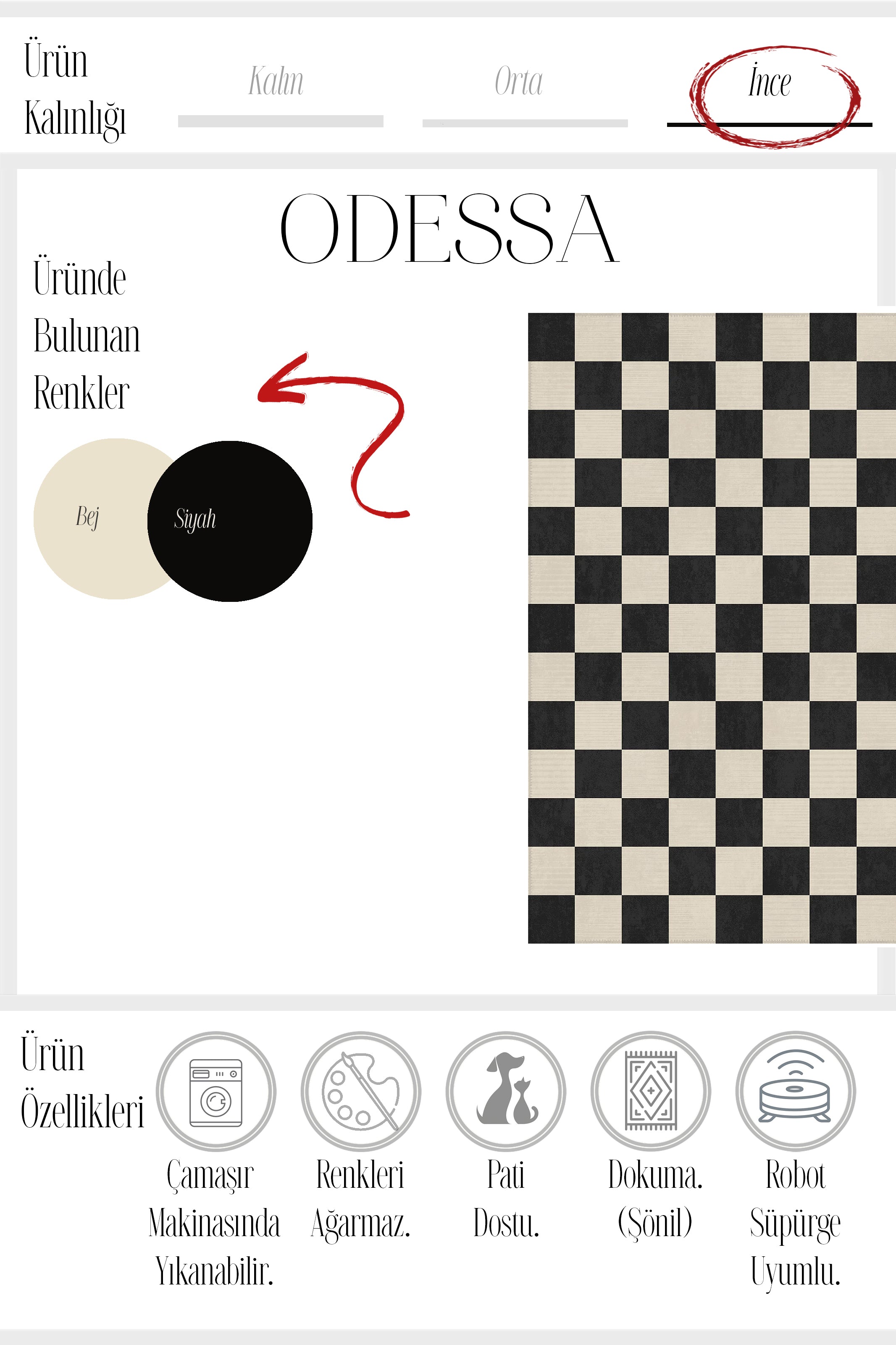 Odessa 501 Damalı Halı Siyah Krem Yıkanabilir Dokuma Taban İnce Halı Oturma Odası Salon Halısı