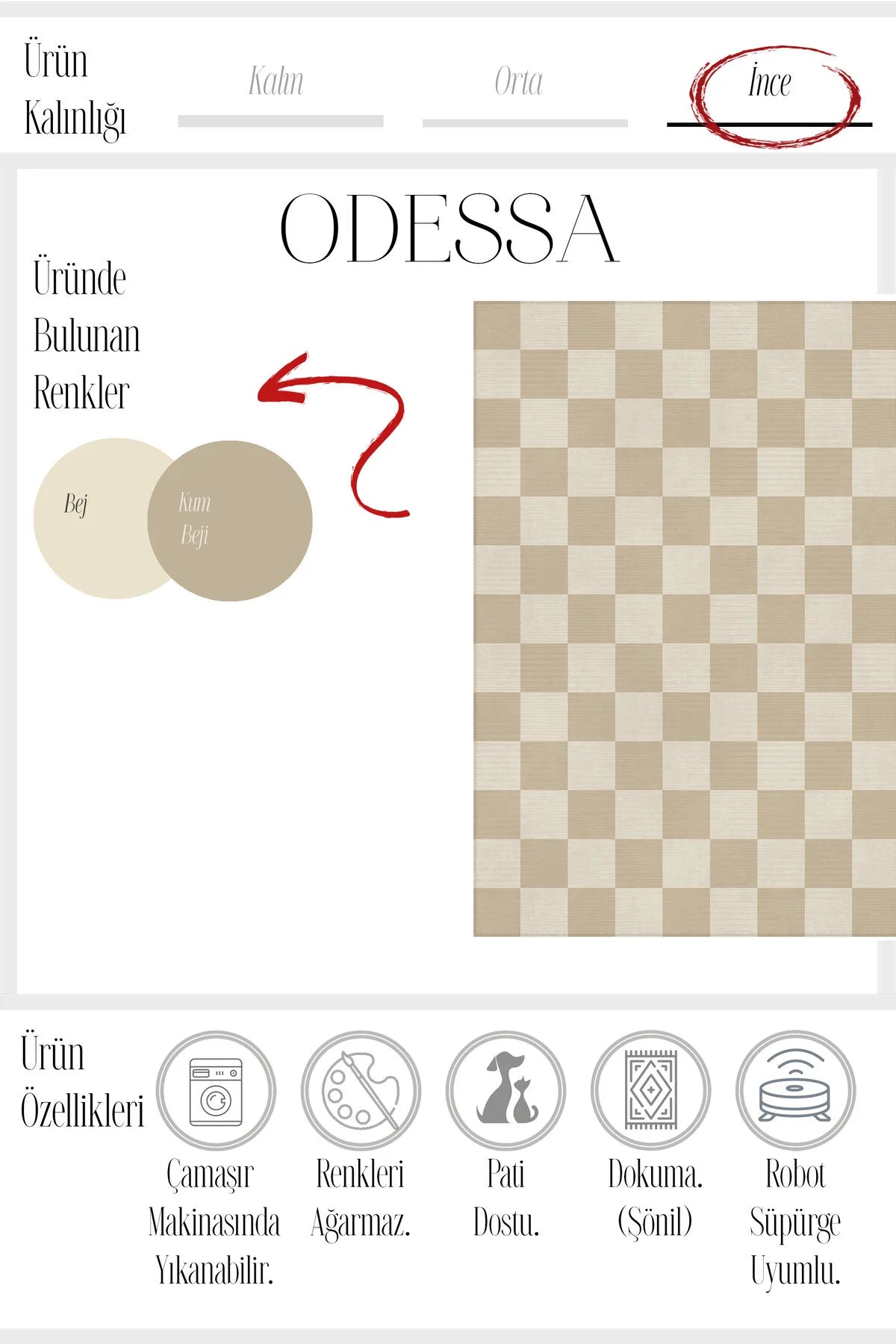 Odessa 502 Damalı Halı Bej Krem Yıkanabilir Dokuma Taban İnce Halı Oturma Odası Salon Halısı