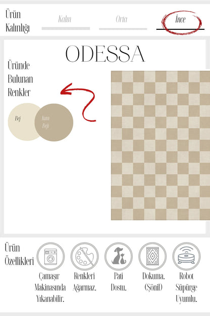 Odessa 502 Damalı Halı Bej Krem Yıkanabilir Dokuma Taban İnce Halı Oturma Odası Salon Halısı