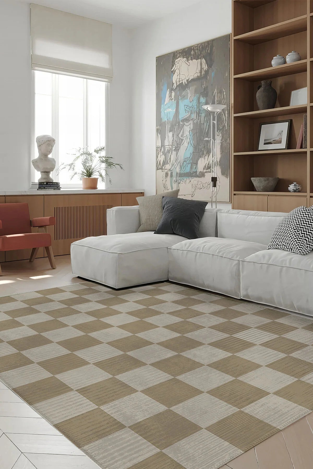 Odessa 502 Damalı Halı Bej Krem Yıkanabilir Dokuma Taban İnce Halı Oturma Odası Salon Halısı