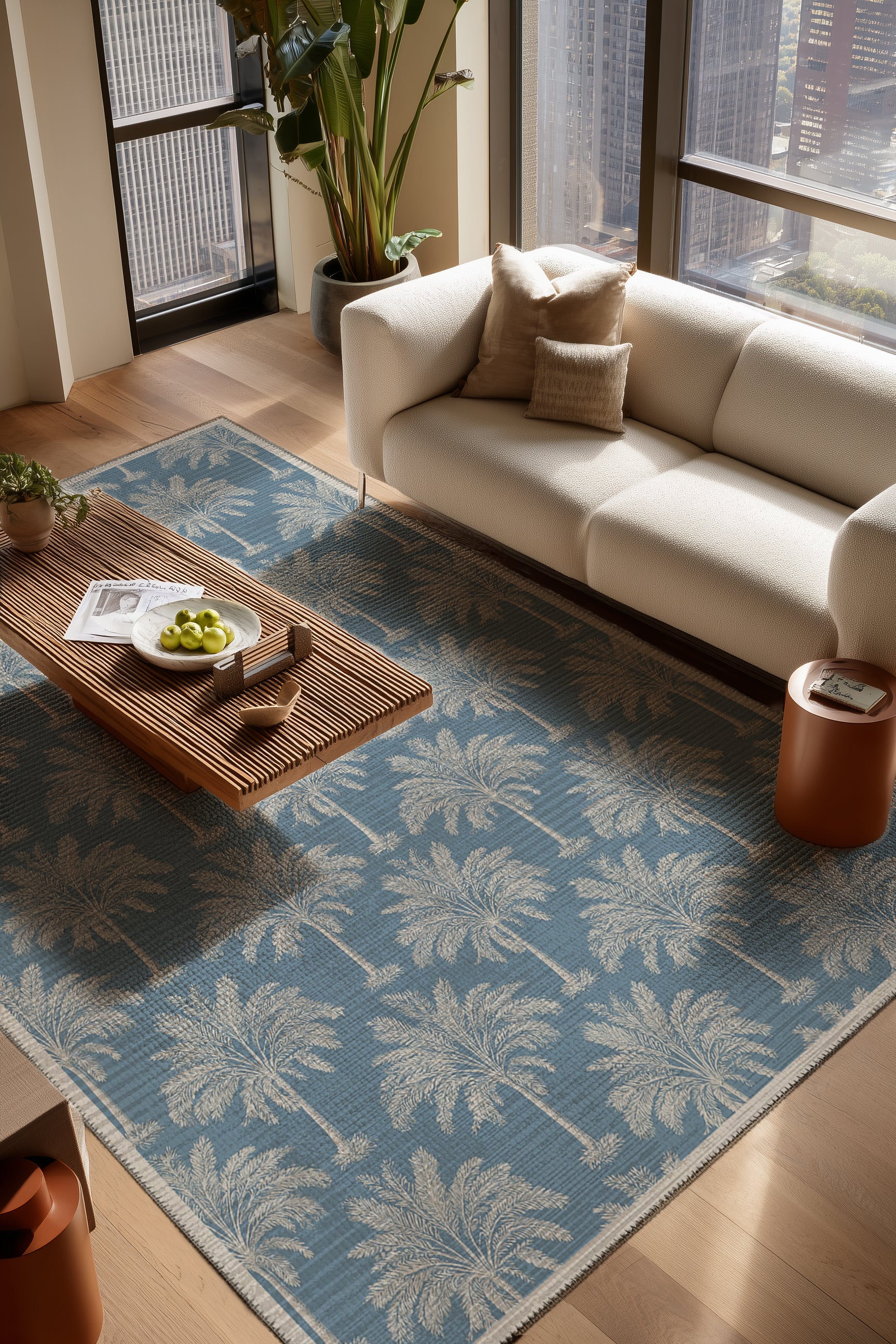 Palm 400 Mavi Beyaz Palmiye Tasarım Halı Yıkanabilir Halı Mutfak Ev Oda Salon Oturma Odası Halısı