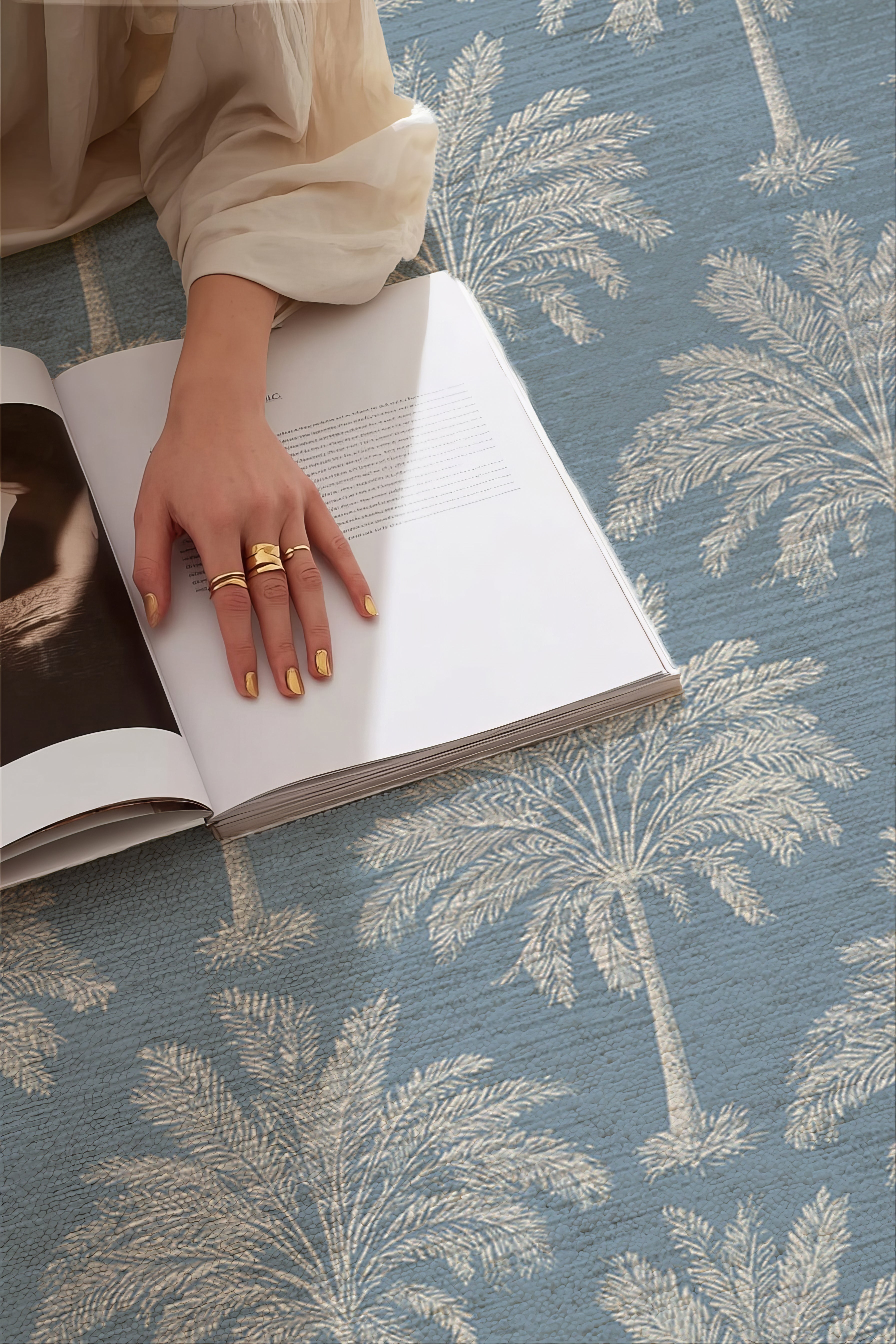 Palm 400 Mavi Beyaz Palmiye Tasarım Halı Yıkanabilir Halı Mutfak Ev Oda Salon Oturma Odası Halısı