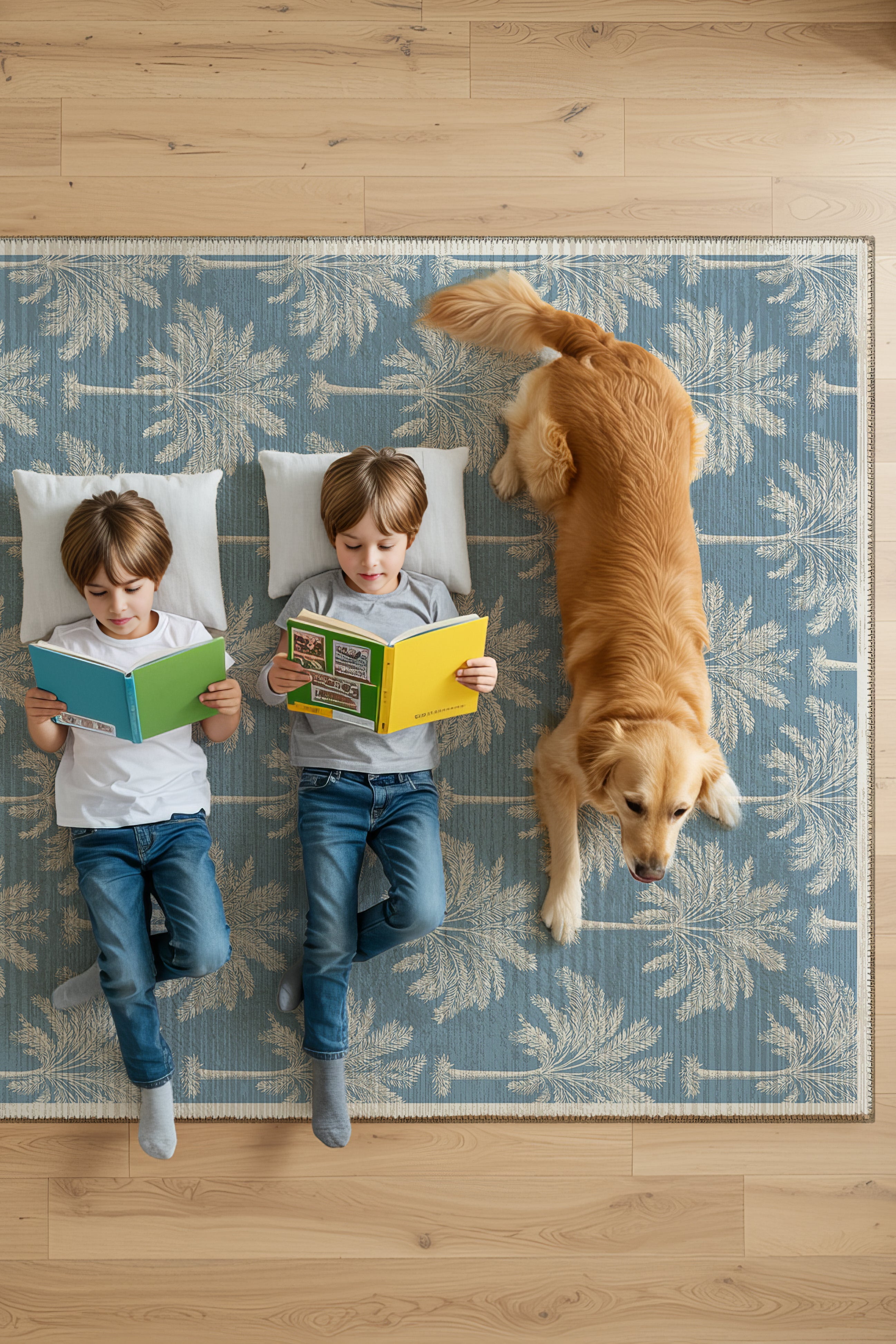 Palm 400 Mavi Beyaz Palmiye Tasarım Halı Yıkanabilir Halı Mutfak Ev Oda Salon Oturma Odası Halısı