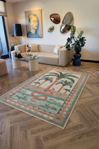 Palm 303 Yeşil Pembe Çok Renkli Halı Palmiyeli Makinada Yıkanabilir Modern Salon Oturma Odası Halısı