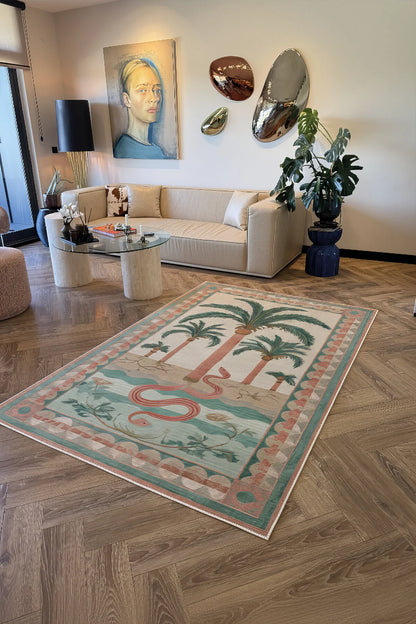 Palm 303 Yeşil Pembe Çok Renkli Halı Palmiyeli Makinada Yıkanabilir Modern Salon Oturma Odası Halısı