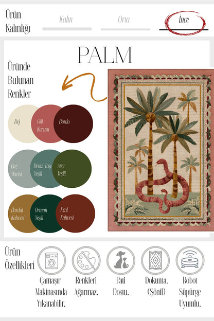 Palm 304 Yeşil Pembe Palmiye Doğa Desenli Yıkanabilir Modern Mutfak Ev Oda Salon Oturma Odası Halısı