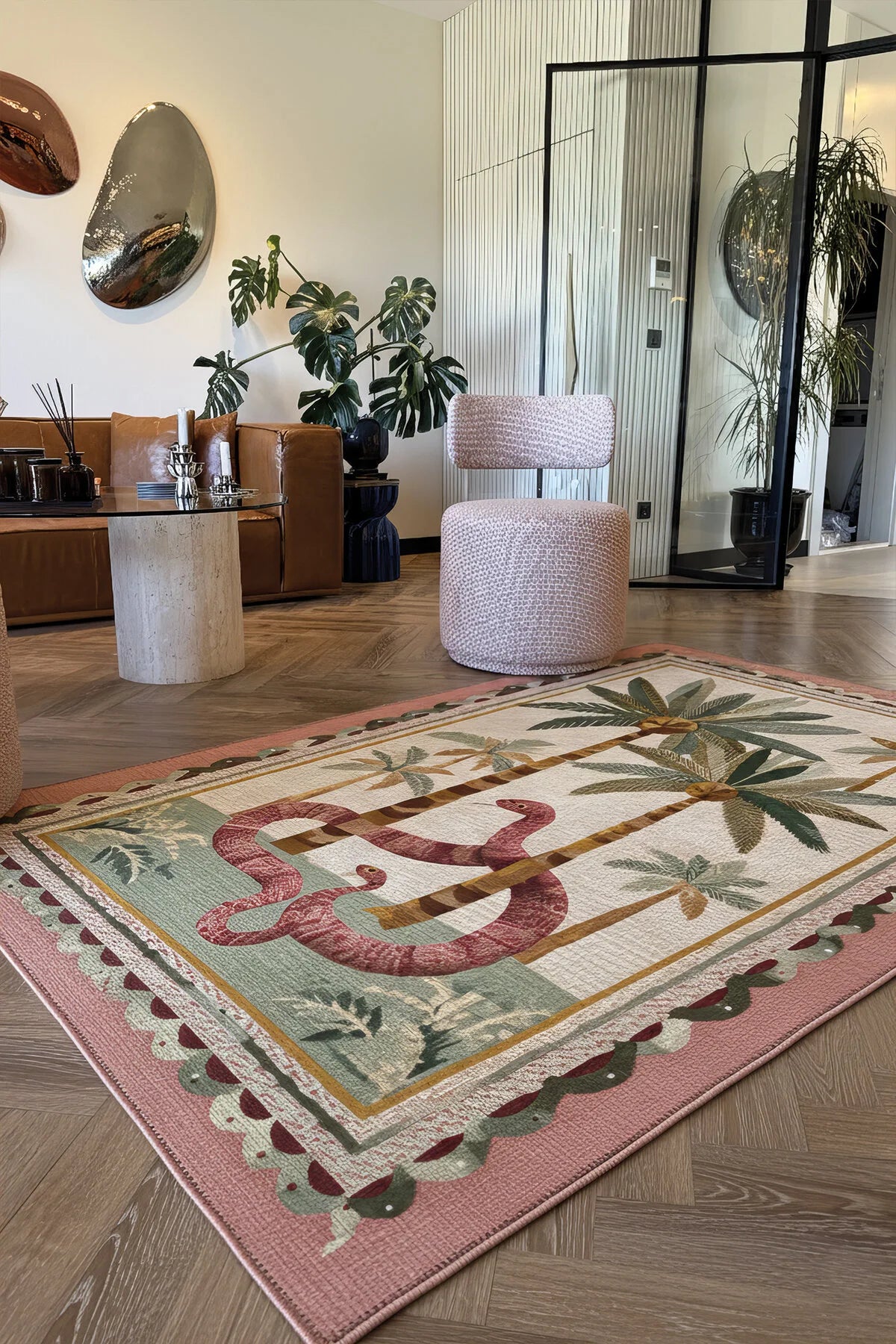 Palm 304 Yeşil Pembe Palmiye Doğa Desenli Yıkanabilir Modern Mutfak Ev Oda Salon Oturma Odası Halısı