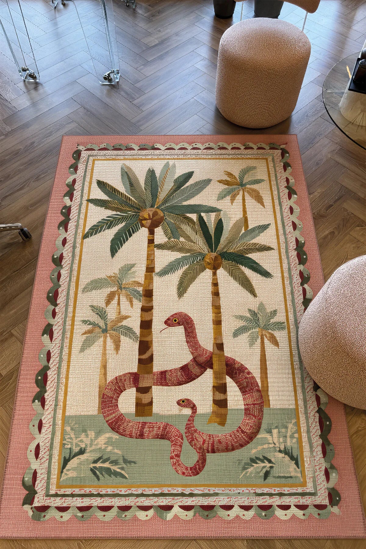 Palm 304 Yeşil Pembe Palmiye Doğa Desenli Yıkanabilir Modern Mutfak Ev Oda Salon Oturma Odası Halısı