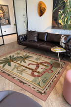 Palm 304 Yeşil Pembe Palmiye Doğa Desenli Yıkanabilir Modern Mutfak Ev Oda Salon Oturma Odası Halısı
