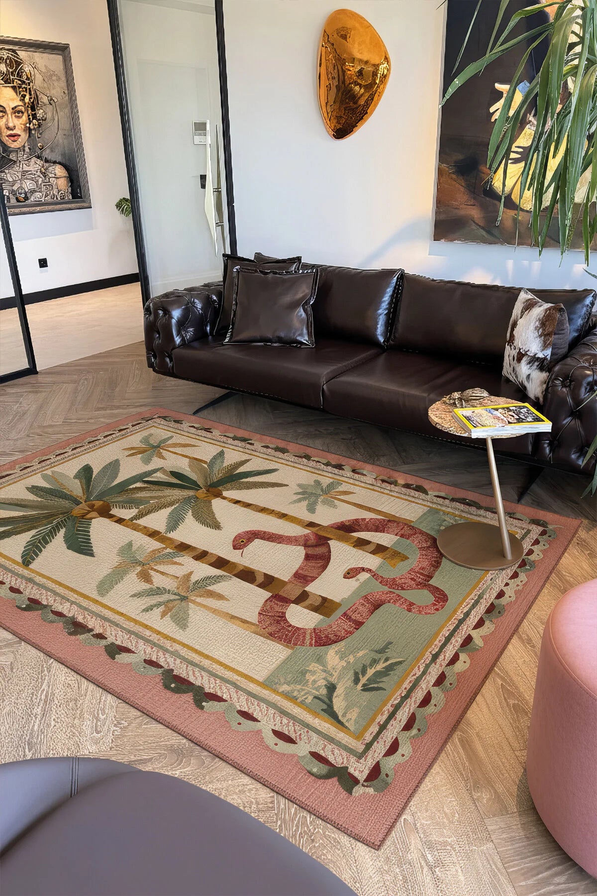 Palm 304 Yeşil Pembe Palmiye Doğa Desenli Yıkanabilir Modern Mutfak Ev Oda Salon Oturma Odası Halısı