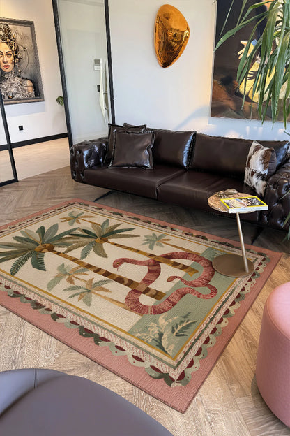 Palm 304 Yeşil Pembe Palmiye Doğa Desenli Yıkanabilir Modern Mutfak Ev Oda Salon Oturma Odası Halısı