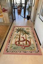 Palm 304 Yeşil Pembe Palmiye Doğa Desenli Yıkanabilir Modern Mutfak Ev Oda Salon Oturma Odası Halısı