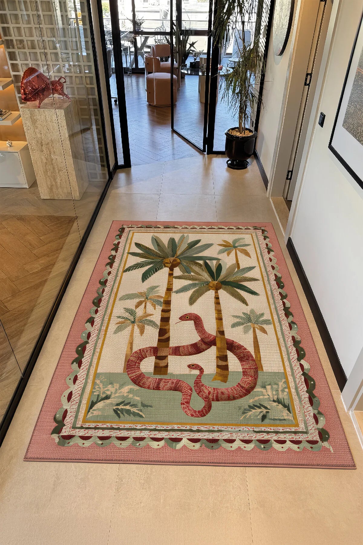 Palm 304 Yeşil Pembe Palmiye Doğa Desenli Yıkanabilir Modern Mutfak Ev Oda Salon Oturma Odası Halısı