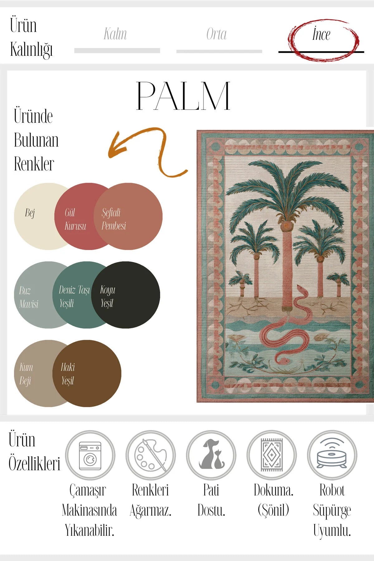 Palm 303 Yeşil Pembe Çok Renkli Halı Palmiyeli Makinada Yıkanabilir Modern Salon Oturma Odası Halısı