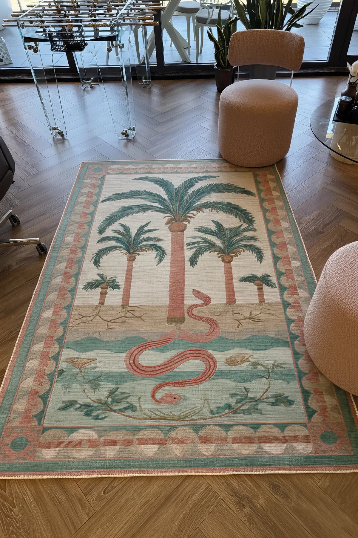 Palm 303 Yeşil Pembe Çok Renkli Halı Palmiyeli Makinada Yıkanabilir Modern Salon Oturma Odası Halısı