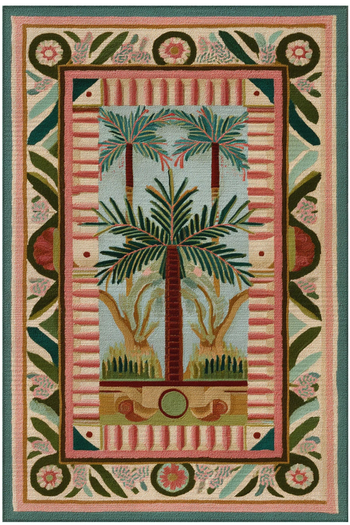 Palm 301 Pembe Yeşil Halı Palmiye Desenli Yıkanabilir Modern Salon Oturma Odası Mutfak Ev Oda Halısı