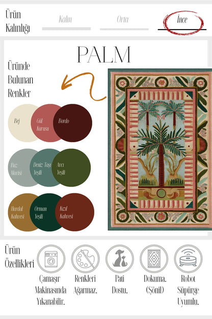 Palm 301 Pembe Yeşil Halı Palmiye Desenli Yıkanabilir Modern Salon Oturma Odası Mutfak Ev Oda Halısı
