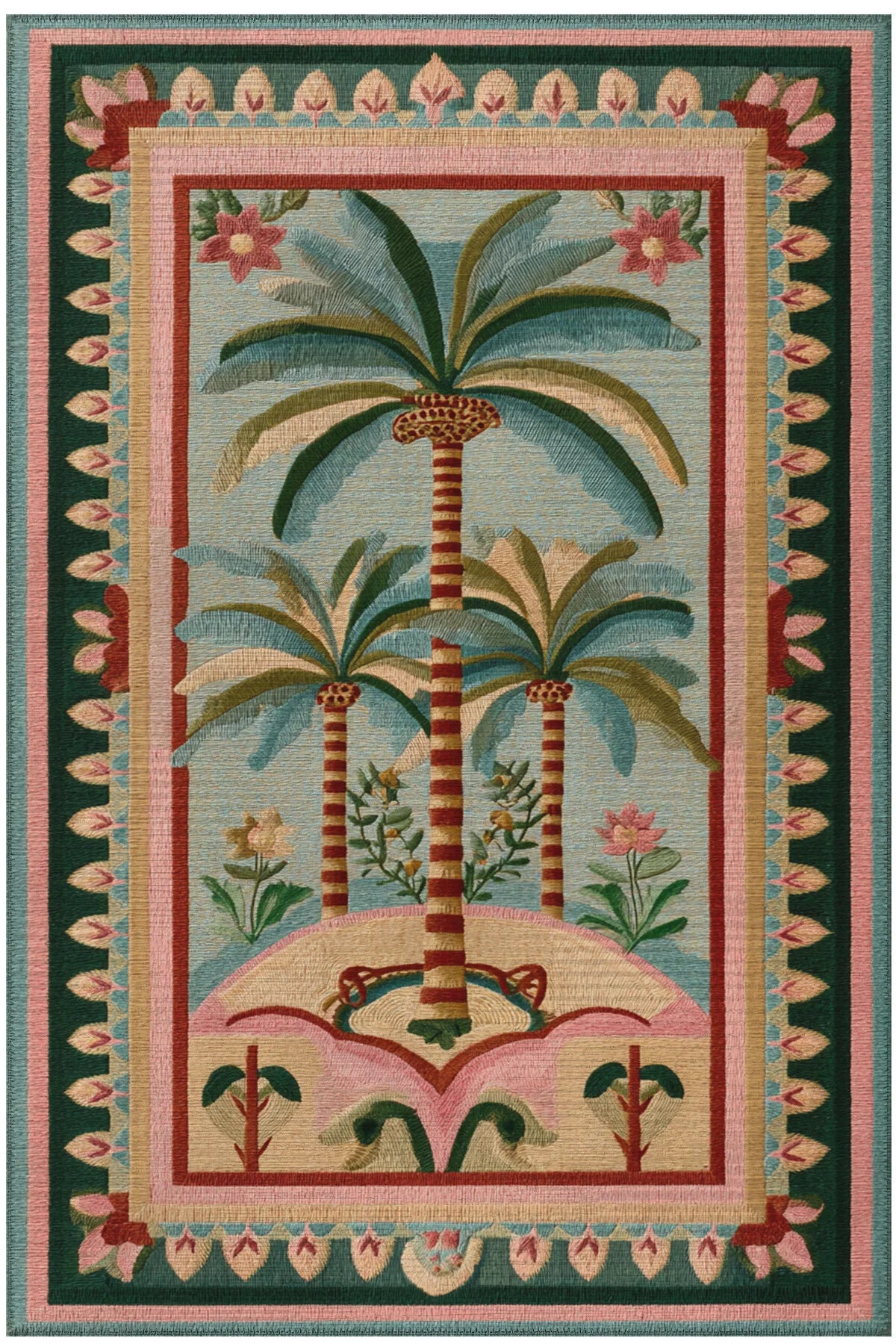 Palm 305 Bej Pembe Palmiye Desenli Modern Yıkanabilir Mutfak Ev Oda Salon Oturma Odası Halısı