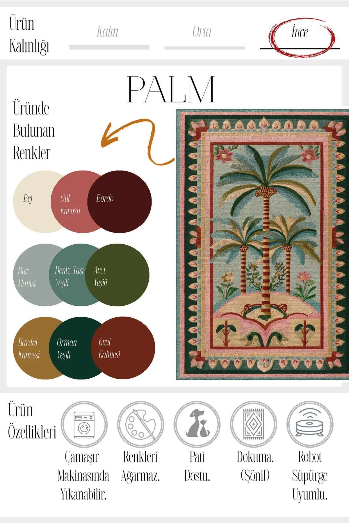 Palm 305 Bej Pembe Palmiye Desenli Modern Yıkanabilir Mutfak Ev Oda Salon Oturma Odası Halısı