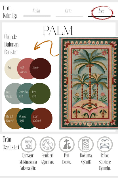 Palm 305 Bej Pembe Palmiye Desenli Modern Yıkanabilir Mutfak Ev Oda Salon Oturma Odası Halısı