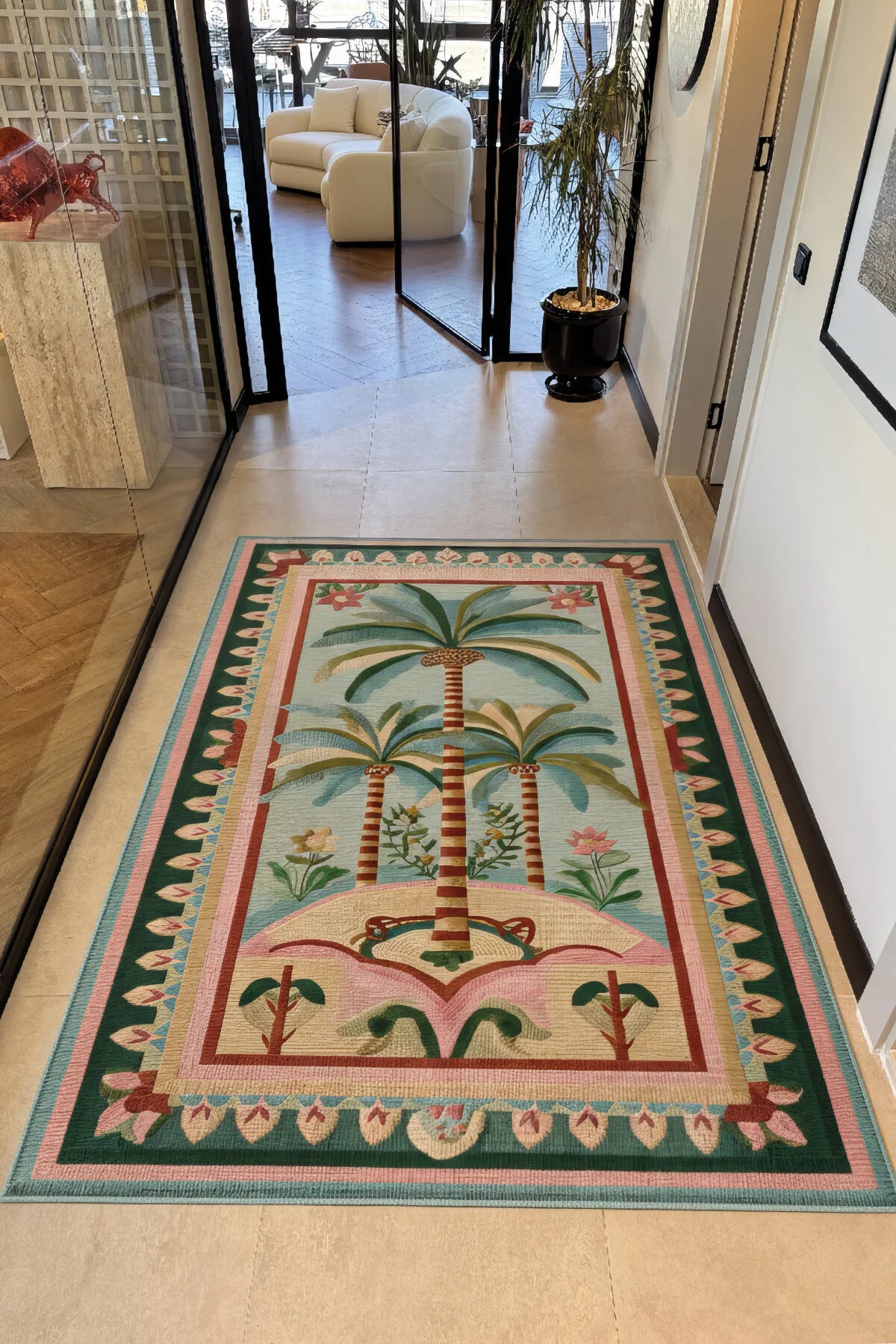 Palm 305 Bej Pembe Palmiye Desenli Modern Yıkanabilir Mutfak Ev Oda Salon Oturma Odası Halısı