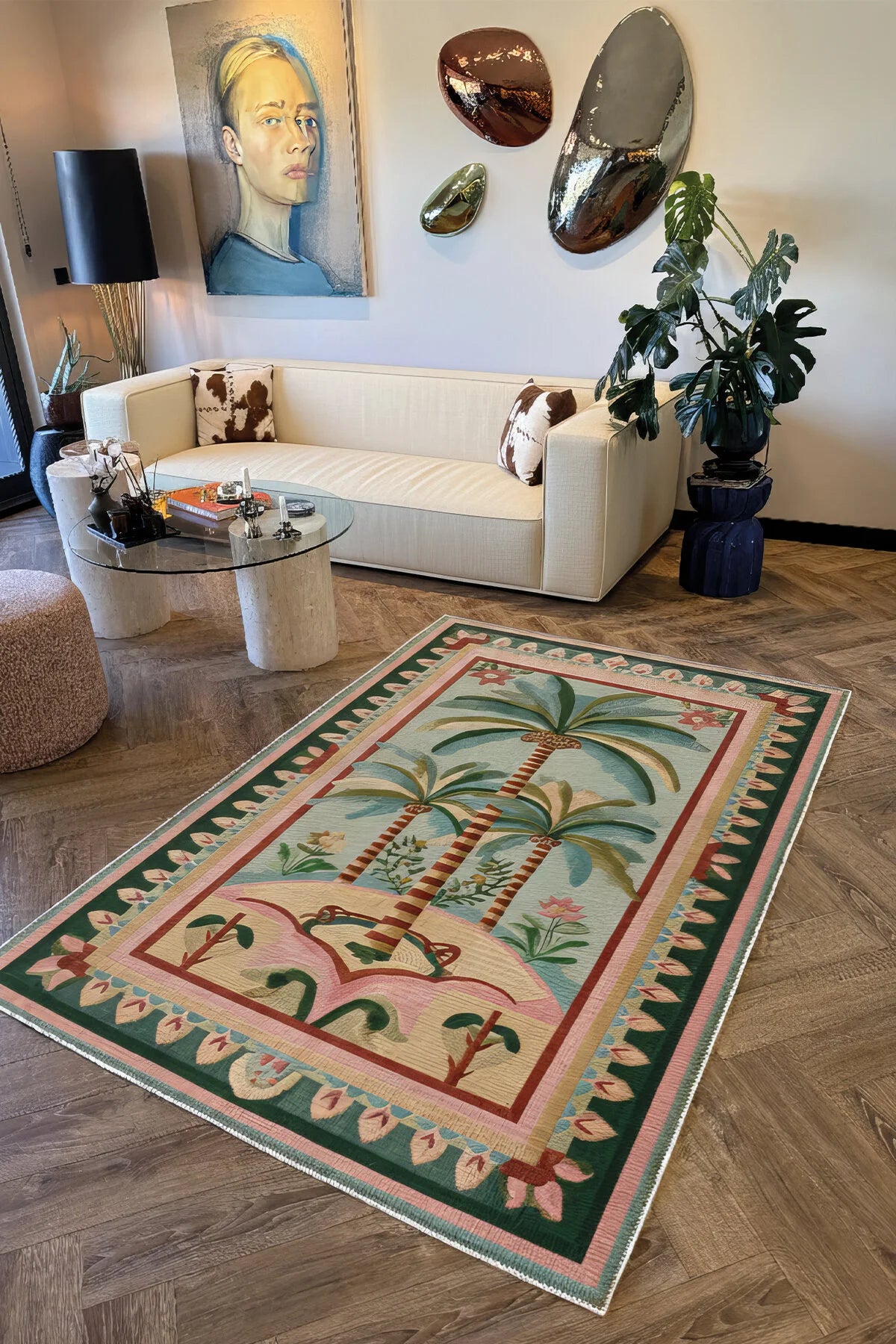 Palm 305 Bej Pembe Palmiye Desenli Modern Yıkanabilir Mutfak Ev Oda Salon Oturma Odası Halısı