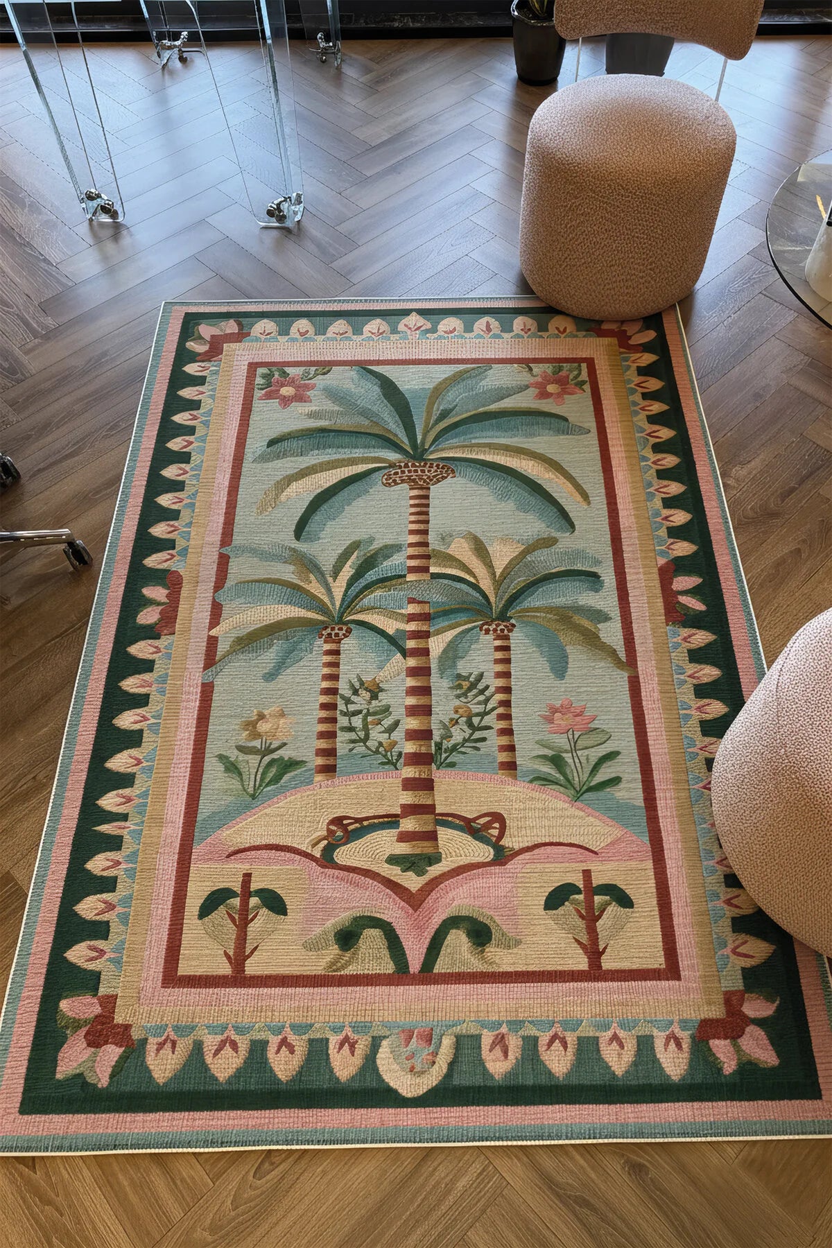 Palm 305 Bej Pembe Palmiye Desenli Modern Yıkanabilir Mutfak Ev Oda Salon Oturma Odası Halısı