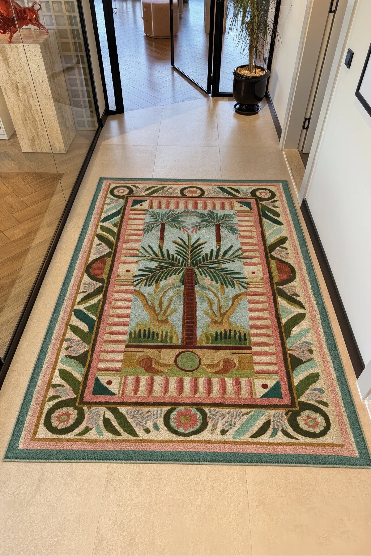 Palm 301 Pembe Yeşil Halı Palmiye Desenli Yıkanabilir Modern Salon Oturma Odası Mutfak Ev Oda Halısı