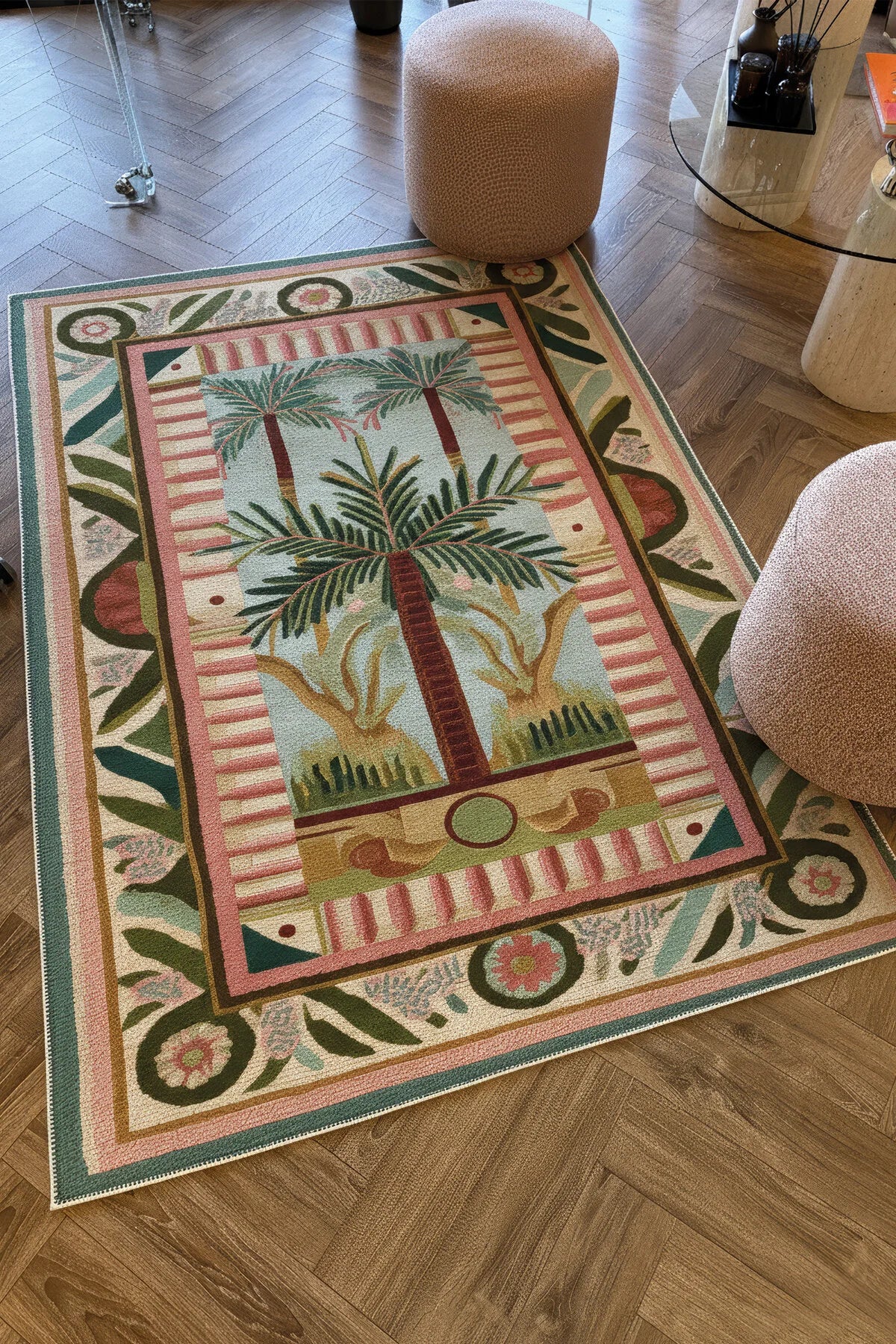 Palm 301 Pembe Yeşil Halı Palmiye Desenli Yıkanabilir Modern Salon Oturma Odası Mutfak Ev Oda Halısı