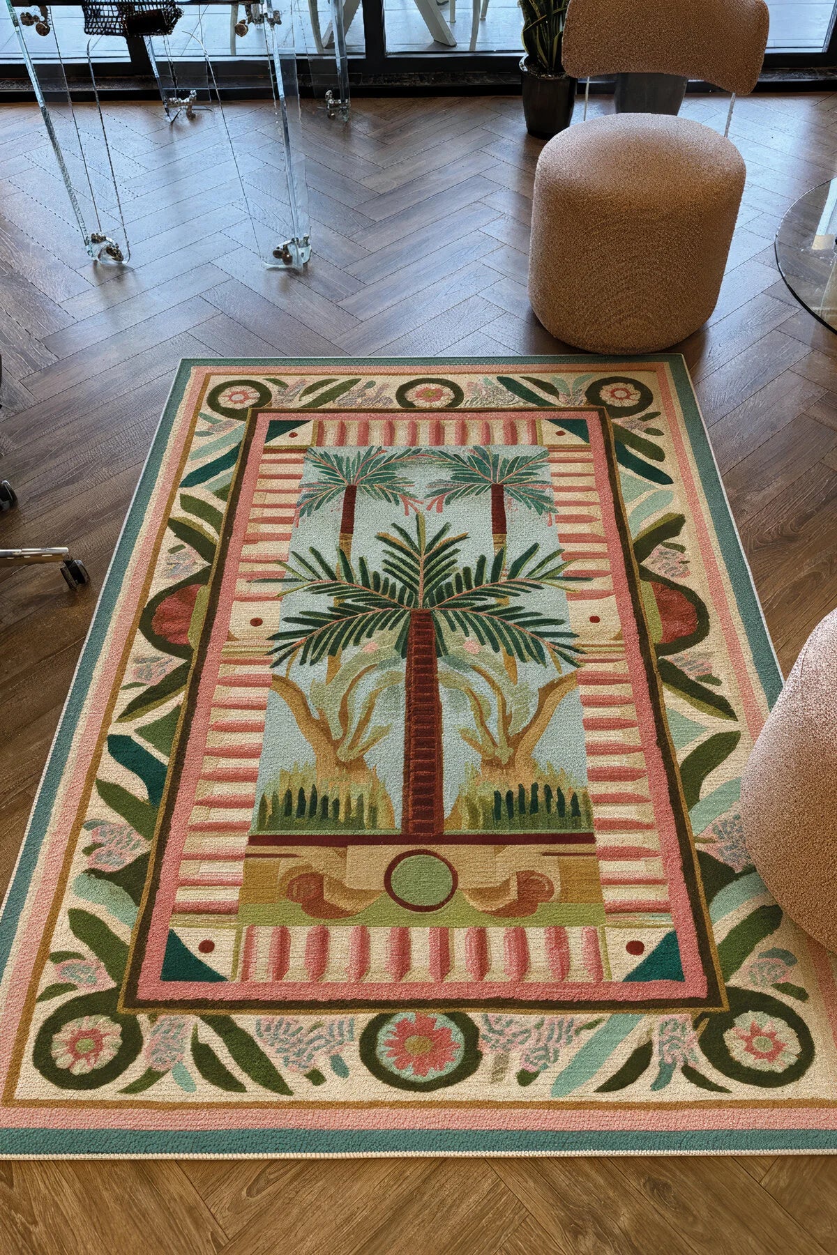 Palm 301 Pembe Yeşil Halı Palmiye Desenli Yıkanabilir Modern Salon Oturma Odası Mutfak Ev Oda Halısı
