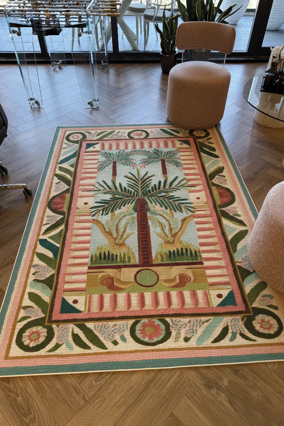 Palm 301 Pembe Yeşil Halı Palmiye Desenli Yıkanabilir Modern Salon Oturma Odası Mutfak Ev Oda Halısı